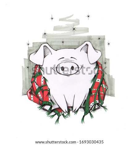 Happy pig under the plaid. Winter hand drawn sketch. Marker and liner art.