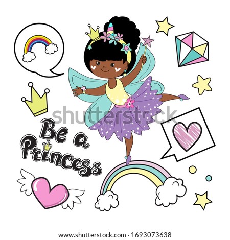 Vector illustration isolated with a beautiful African American fairy princes on a white background for children. Fashion patch badges. Card for little girl