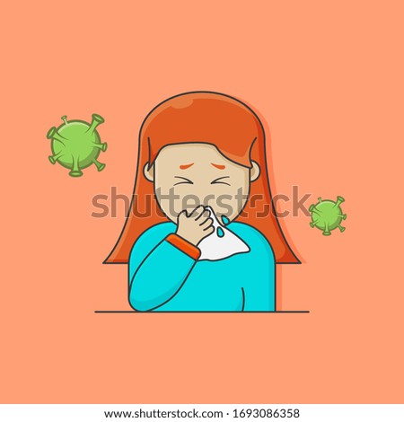 character women sneezing  on a tissue with virus speard