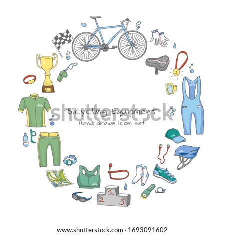 Bicycle equipment hand drawn set, doodle vector illustration of various stylized icons, bicycling accessories Sketch collection, gear, cycling clothing and shoes, trophy, water bottle, map, helmet