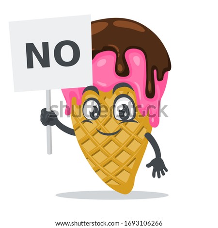 vector illustration of ice cream mascot or character holding sign says no