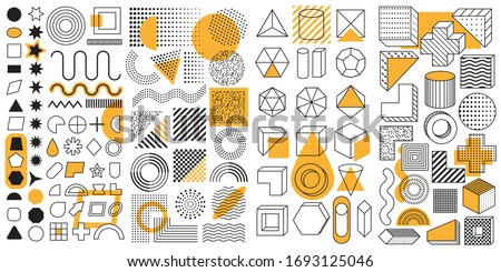 Set of 100 geometric shapes. Mega set of memphis design elements, template for your project. Collection trendy halftone vector geometric shapes. Royalty-Free Stock Photo #1693125046