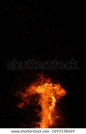 flame of fire with sparks on a black background. Burning red hot flying sparks fire in the night sky. Beautiful abstract background flying on black background. 