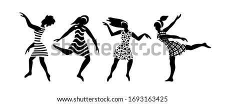 Group of happy young women dancing. Black female silhouettes on white background. Flat vector illustration.