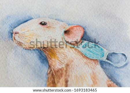Watercolor picture or illustration or rat with protective mask on ear and gold crown
