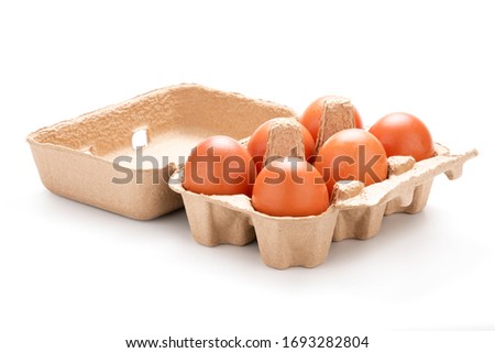 Close-up  of fresh six chicken eggs in a tray on a white background.Isolated with clipping path photo.