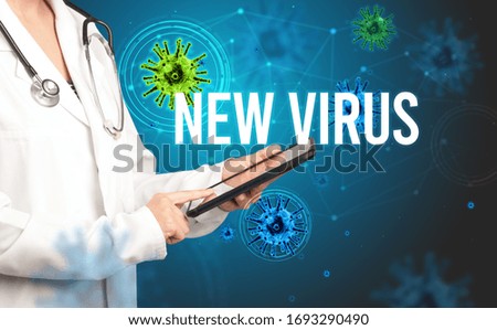 doctor prescribes a prescription with NEW VIRUS inscription, pandemic concept
