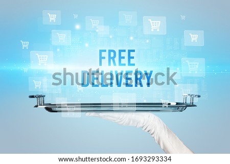 Waiter serving FREE DELIVERY inscription, online shopping concept