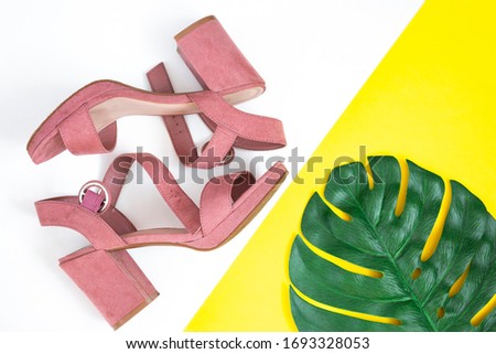 Women's pink summer shoes lie on their sides on a white and yellow background. Monstera sheet on the side. Fashionable shoe for a young girl. Top view.