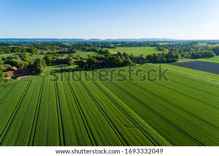 Aerial view over rural area with rape fields and green areas in Germany