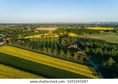 Rural area in Germany with fields and meadows from the air