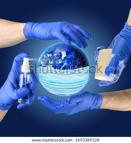 Hand sanitizer spray, antibacterial soap, hands in latex gloves for main protective measures against coronavirus COVID-19. Elements of image are furnished by NASA