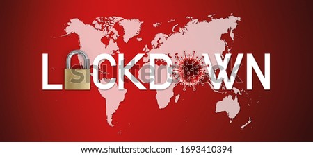 lockdown text written with padlock and corona virus symbol icon on world map in blue background with copy space