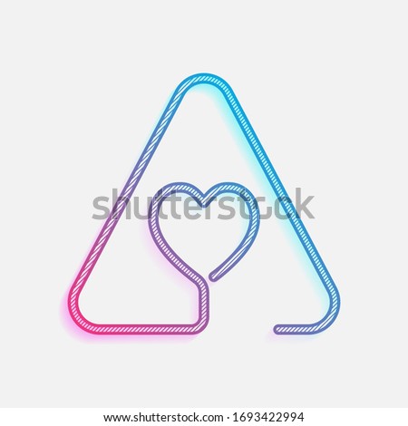Heart in warning triangle. Linear icon with thin outline. One line style. Colored logo with diagonal lines and blue-red gradient. Neon graphic, light effect
