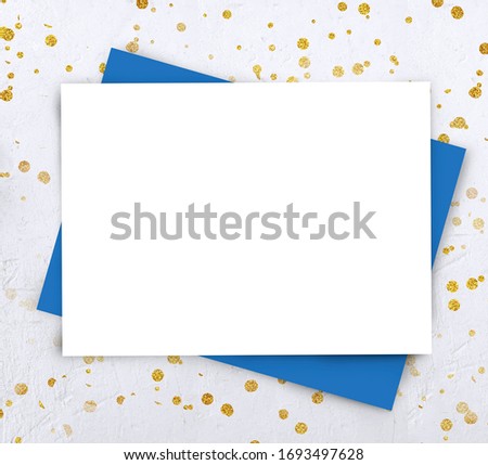 Mock up greeting concept with paper blanks and golden confetti. Minimalist design for new year party, birthday or baby shower celebration.