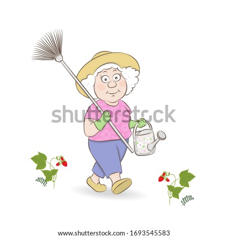 Vector illustration of a cute old lady with a watering can and rake, seasonal work in the garden.The cartoon design.