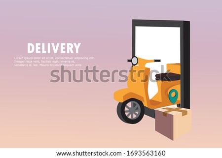 Fast delivery by scooter E-commerce concept. Online food order on mobile Vector illustration