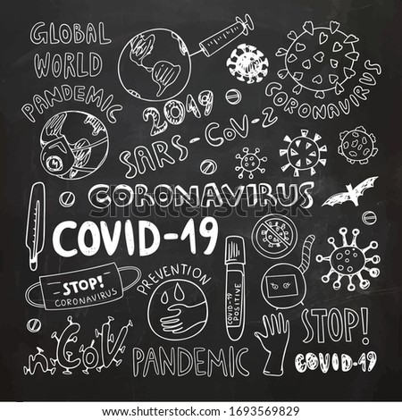 Chalkboard concept of coronavirus clipart vector illustration. Coronavirus global pandemic illustration. Virus doodles. Chalk Drawing.