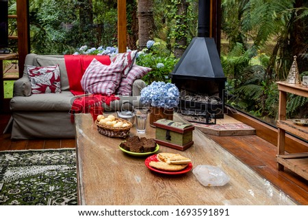 Beautiful breakfast table, a fireplace, cozy place