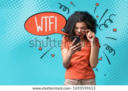 Young hipster girl in trendy eyeglasses looking at her smartphone touchscreen with shocked open-eyed face expression. Comic style cartoon pop art style illustrations on the background.
