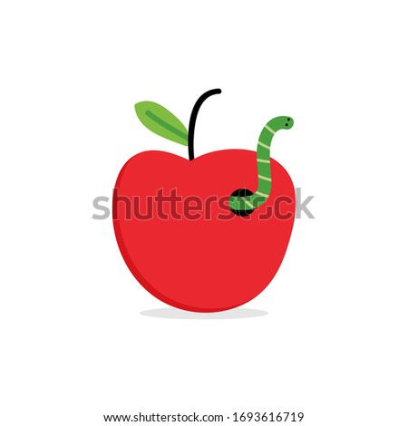 Fresh red apple with worm, cute vector cartoon icon, illustration.
