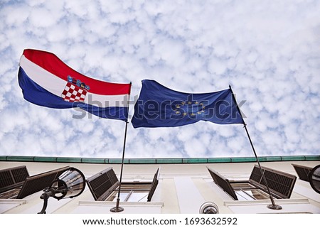 View of Croatia and european flags.