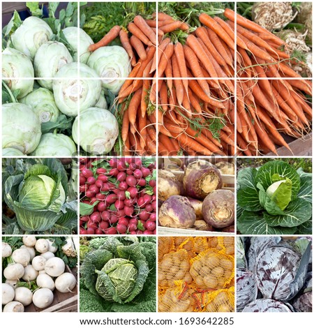 Food collage including pictures of vegetables