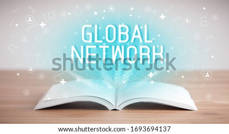 Open book with GLOBAL NETWORK inscription, social media concept