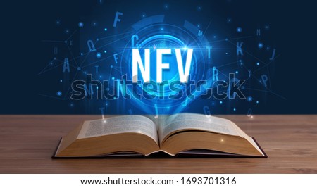 NFV inscription coming out from an open book, digital technology concept