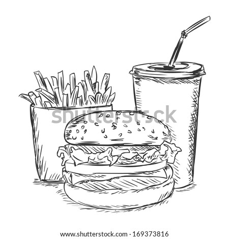 vector sketch illustration - fast food: french fries, soda, burger
