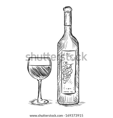 vector sketch illustration - glass and bottle of red wine