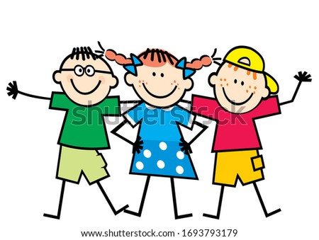 Three little friends, happy kids, vector illustration