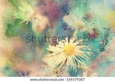 beautiful artwork with small chamomile's flower and watercolor splashes