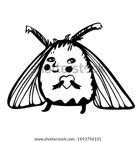 A moth holds a heart and smiles. Black and white vector illustration. Hand drawn. Isolated on a white background.