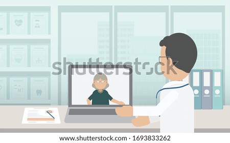 Online doctor concept with doctor talk to patient online vector illustration