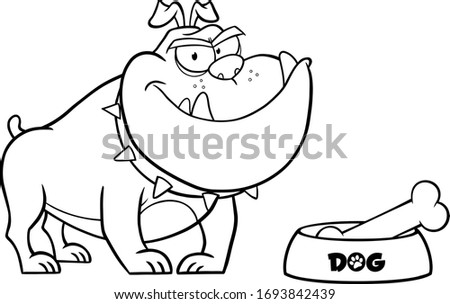 Black And White Bulldog Cartoon Character With Bowl And Bone. Raster Illustration With Background
