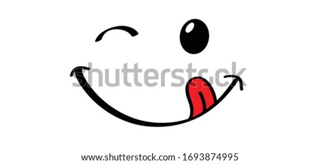 Yummy smile face with red tongue lick and saliva. Vector laugh cartoon slobber sign,  icon. Delicious, hungry, tasty eating. Lips or lips symbol. licking logo. Savour eating. Concept of enjoy everyday Royalty-Free Stock Photo #1693874995