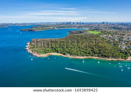 Aerial view on Dobroyd Head, Sydney, Australia. View on Sydney harbourside suburb from above. Aerial view on Sydney North Harbour, Dobroyd Head and CBD in the background.