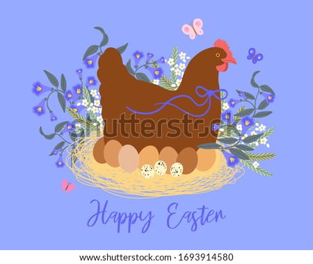 Vector. Colorful postcard for Easter with eggs and hen and meadow flowers for your design.