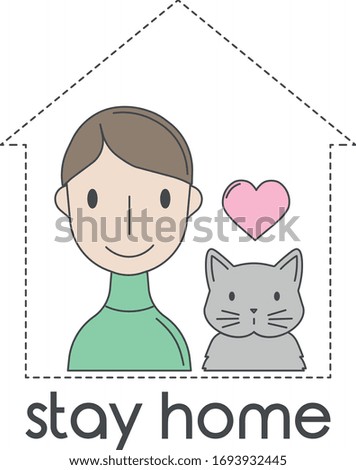 Vector flat line cartoon icon smiling person in green shirt and with grey cat, pink heart over it, staying at home