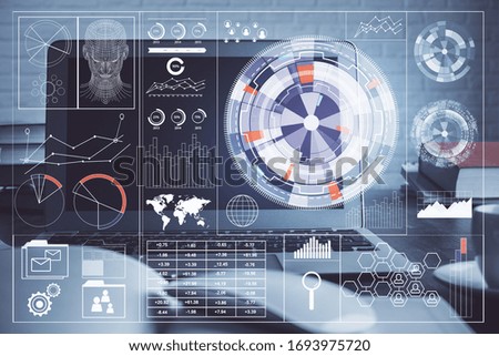Multi exposure of computer on background and technology theme drawing. Concept of innovation.