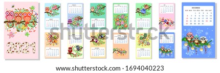 Calendar 2021. Cute owls and birds for every month