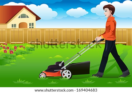A vector illustration of a man mowing the lawn