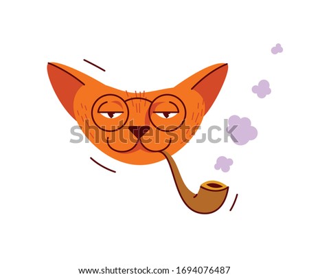 Funny cartoon cat face smoking pipe and wearing eyeglasses vector illustration.