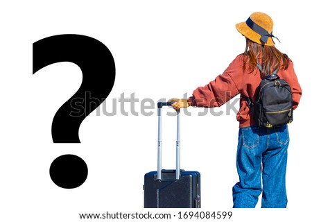Question mark next to a traveler. Concept - uncertainty for the tourism industry. Unknown for tourists.  Concept - difficulties in the tourism industry due to quarantine. Closing borders for pandemic