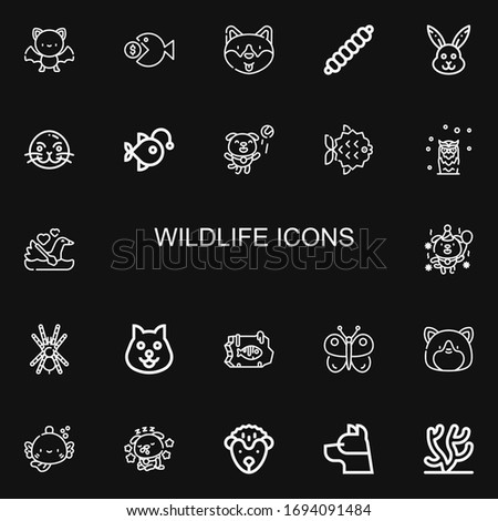 Editable 22 wildlife icons for web and mobile. Set of wildlife included icons line Bat, Fish, Dog, Caterpillar, Rabbit, Sea lion, Anglerfish, Owl, Swan, Tarantula on black background