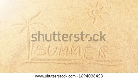 Warm summer backdrop with painted sand pictures. Child illustration background. Empty space for creative design or text. Relax on sandy beach. Holidays and travelling concept