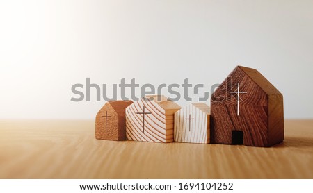 Home church online, wooden home church, community of Christ, Mission of gospel, with blank copy space Royalty-Free Stock Photo #1694104252
