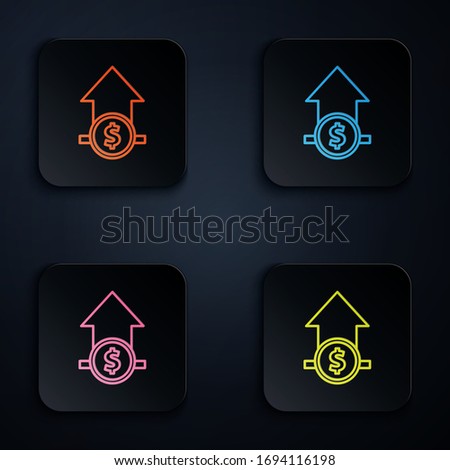 Color neon line Financial growth and coin icon isolated on black background. Increasing revenue. Set icons in square buttons. Vector Illustration