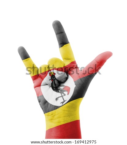 Hand making I love you sign, Uganda flag painted, multi purpose concept - isolated on white background